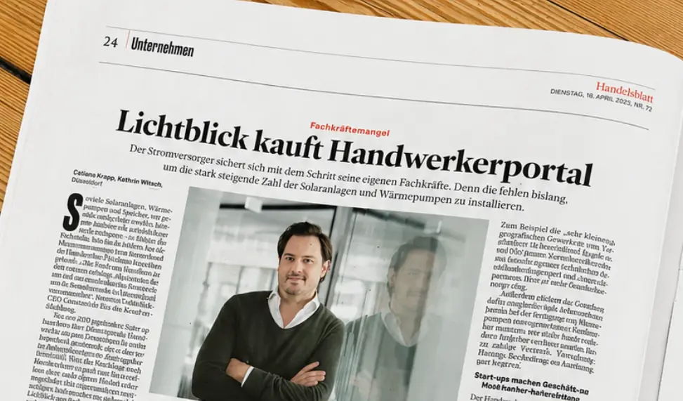 Handelsblatt vom 18. April 2023, Seite 24: „Lichtblick kauft Handwerkerportal"